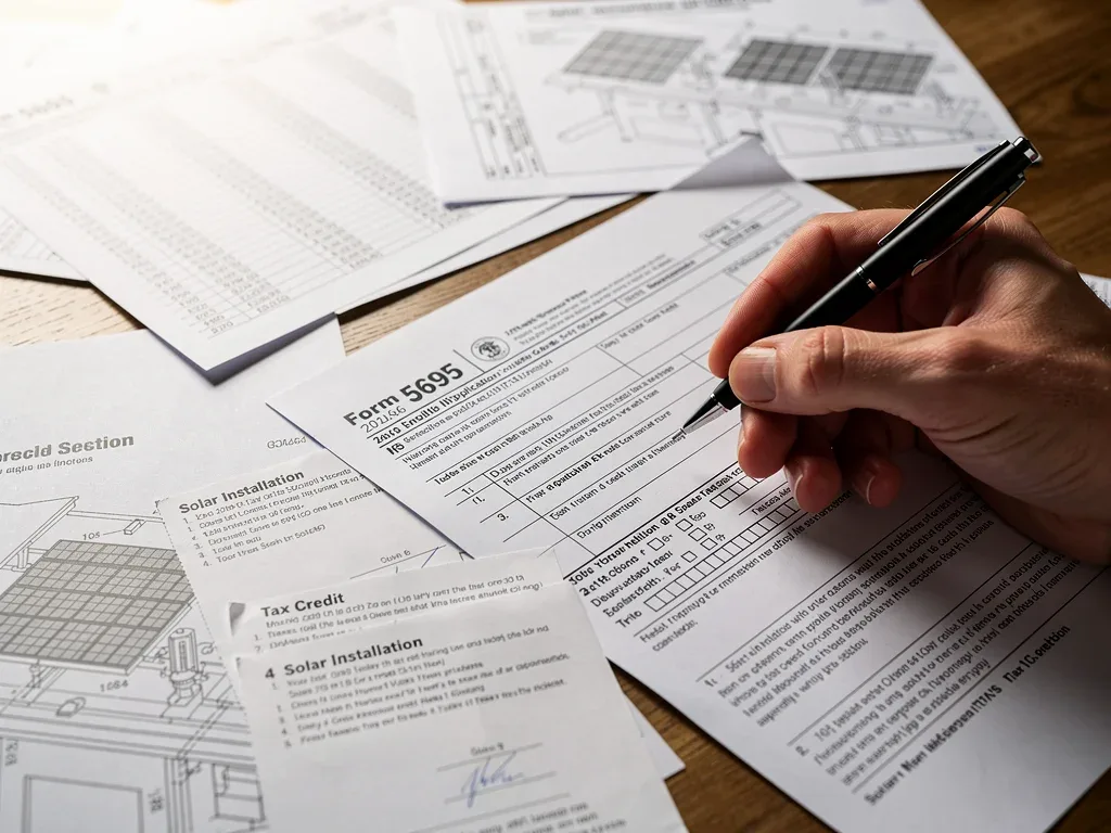 Hand filling out IRS Form 5695 for solar tax credit