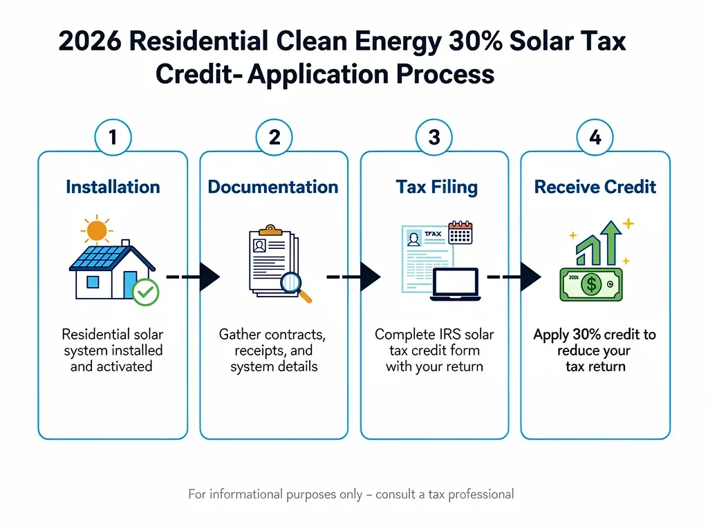 Historical flowchart illustrating the former 30% residential solar tax credit application process; eligibility rules changed after December 31, 2025.