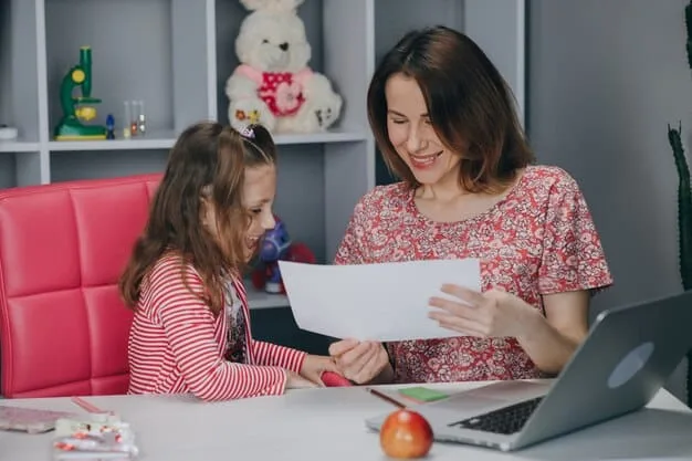 A government employee assisting a young mother at a desk, reviewing documents related to child care subsidy applications with a supportive and helpful demeanor.