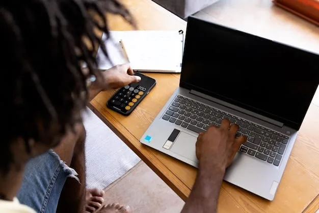 An image showing a person using an online eligibility calculator on a laptop,, with a concerned expression on their face. The screen displays various fields for inputting income details, and the setting is a cozy home environment.