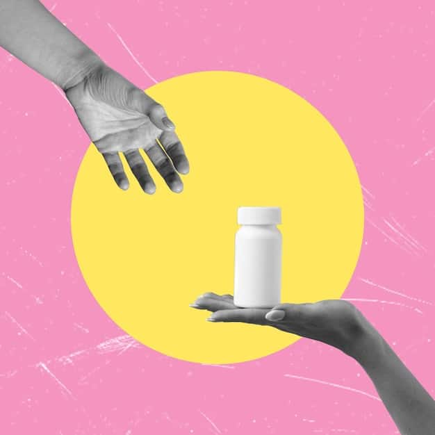 A split image showing a pharmacy with long lines of people waiting and a close-up of hands holding prescription bottles, symbolizing the high cost of prescription drugs.