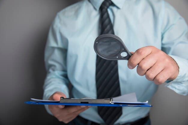 A person using a magnifying glass to examine official documents, representing the detailed review process of the Social Security Administration.