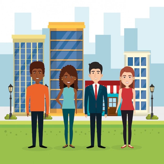A diverse group of people standing in front of a government services building, representing the accessibility of federal benefit programs to various communities. The scene is bright and welcoming, implying ease of access and inclusivity.