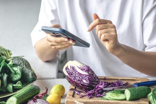 A person using a smartphone to check their SNAP benefits balance, with fresh produce visible in the background. Emphasize the convenience of digital access to benefits and the importance of healthy food choices.