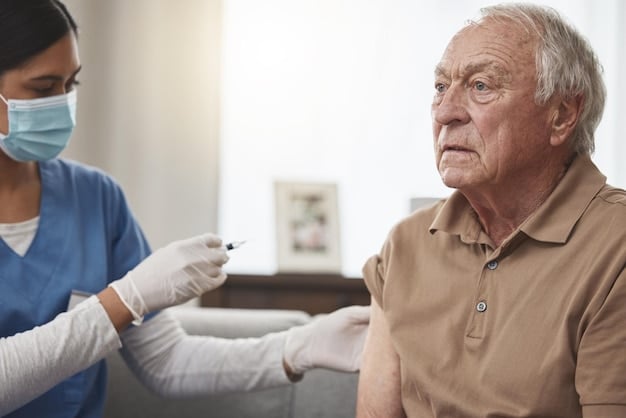 A senior man receiving a flu shot from a nurse in a clinic setting. The environment is sterile and professional, emphasizing preventative healthcare.