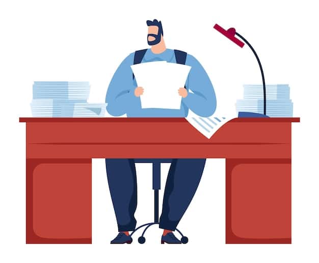 A person sitting at a desk, looking frustrated while reading a document filled with legal disclaimers and fine print. The desk is cluttered with paperwork, highlighting the complexity and overwhelming nature of state benefit program rules.