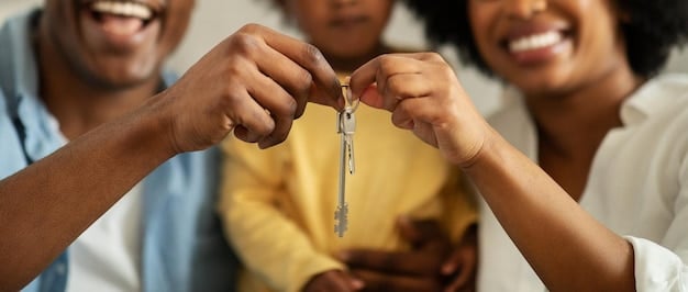 A diverse group of people smiling and holding keys, symbolizing access to housing and the community. The image should convey a sense of inclusion and opportunity.