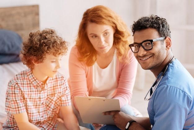 A family sitting at a table, reviewing healthcare documents together. They are discussing their options and planning for the future, highlighting the importance of family health coverage.
