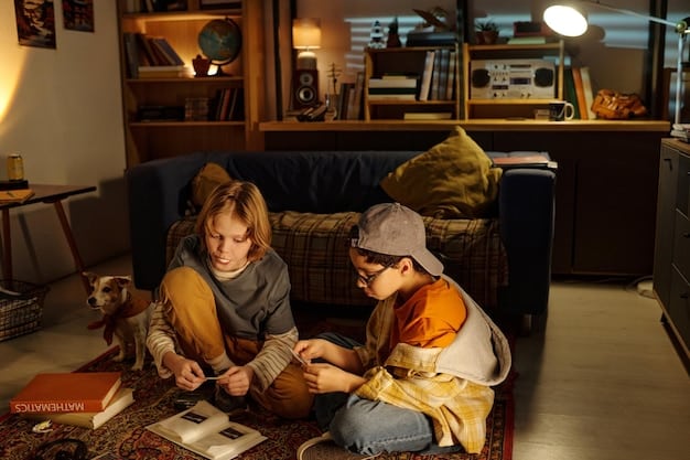 A cozy, warmly lit living room scene with children playing and a parental figure reviewing documents with a laptop on the coffee table. A tax preparation book is also visible.