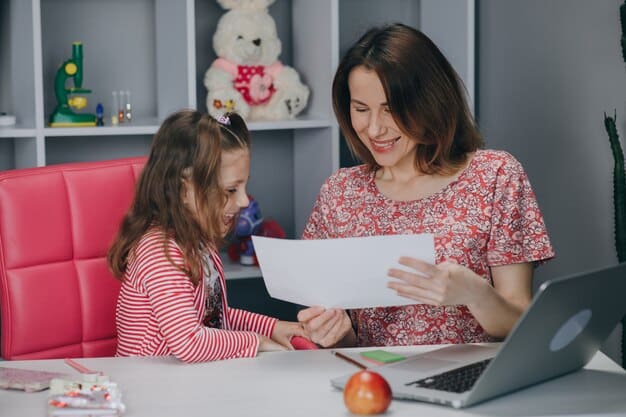 A government employee assisting a young mother at a desk, reviewing documents related to child care subsidy applications with a supportive and helpful demeanor.