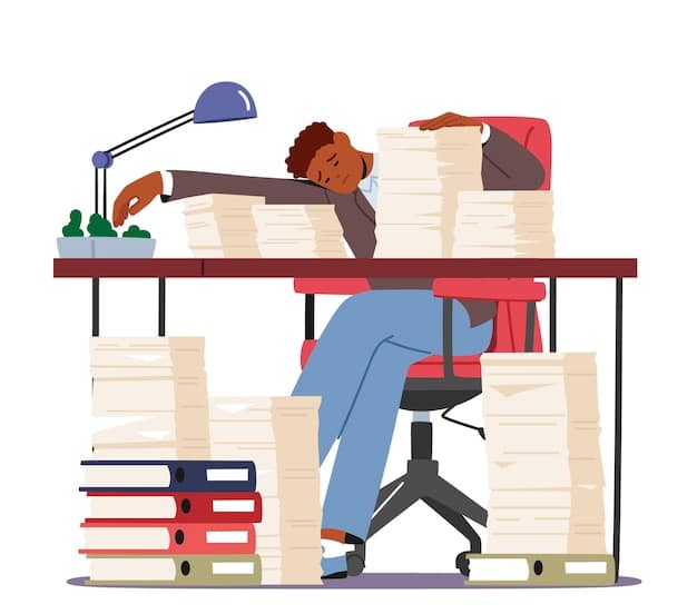 A person looking stressed and overwhelmed while sitting at a desk covered with papers and application forms. Their hands are resting on their head, and the scene conveys a sense of frustration and confusion.