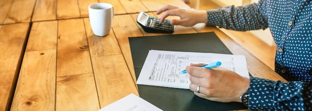A person filling out an application form with a pen, highlighting the process of applying for federal assistance. The image should show a focused individual with documents and a calculator nearby.