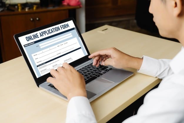 A person typing on a laptop, focusing on crafting a clear and concise application. The screen shows an application form with brief, well-written answers, emphasizing clarity and precision.