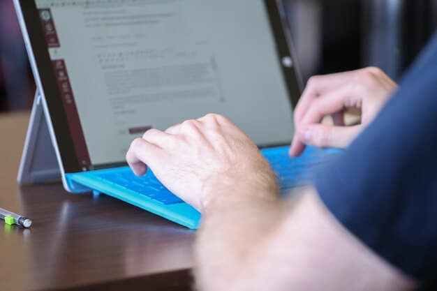 A detailed shot of a person carefully reading a program description, highlighting key qualifications and requirements for the application.