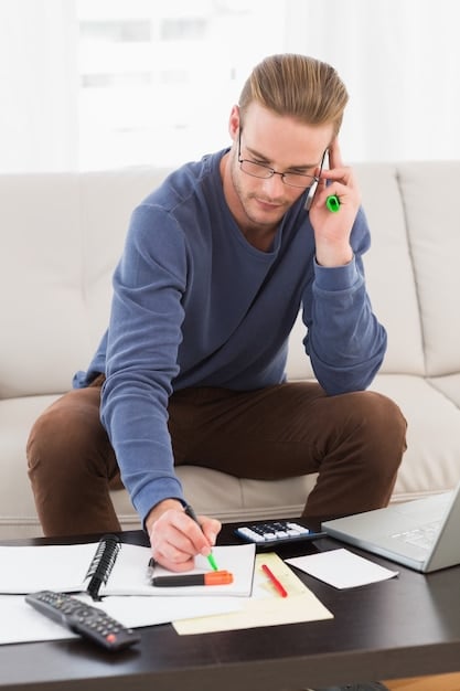 A person using a calculator and a spreadsheet to reconcile income and expenses. There's a visual representation of crossed-out common errors, such as 
