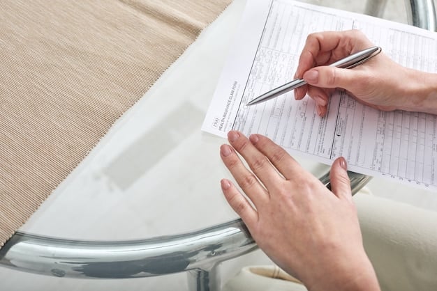 A close-up shot of hands carefully filling out a government application form with a pen, with supportive documents like pay stubs and identification cards nearby. The atmosphere is focused and diligent.