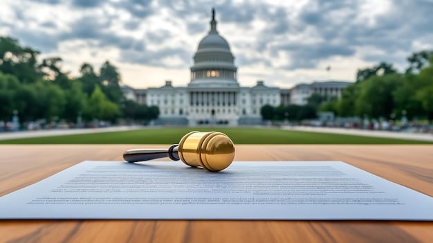 A gavel resting on a stack of legislative documents, with the US Capitol building in the background, symbolizing legislative influence on government benefit programs.
